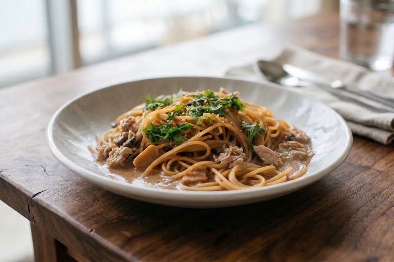 ツナと鉄火味噌の濃厚和風クリームパスタ